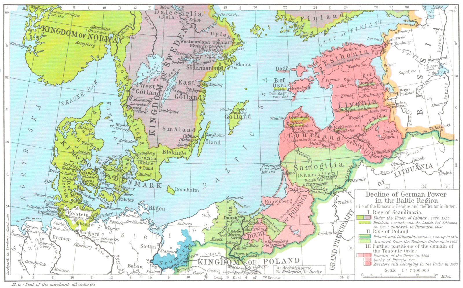 SCANDINAVIA. Decline of German power, Baltic Region, 1380-1560 1956 old map